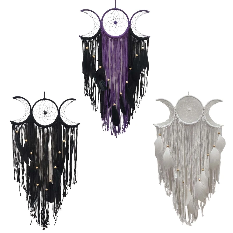 

Multicolor Triple Moon Dream Catcher Pendant Hanging Ornament Crafts for Home Bedroom Living Room Nursery Wall Decoration Gift