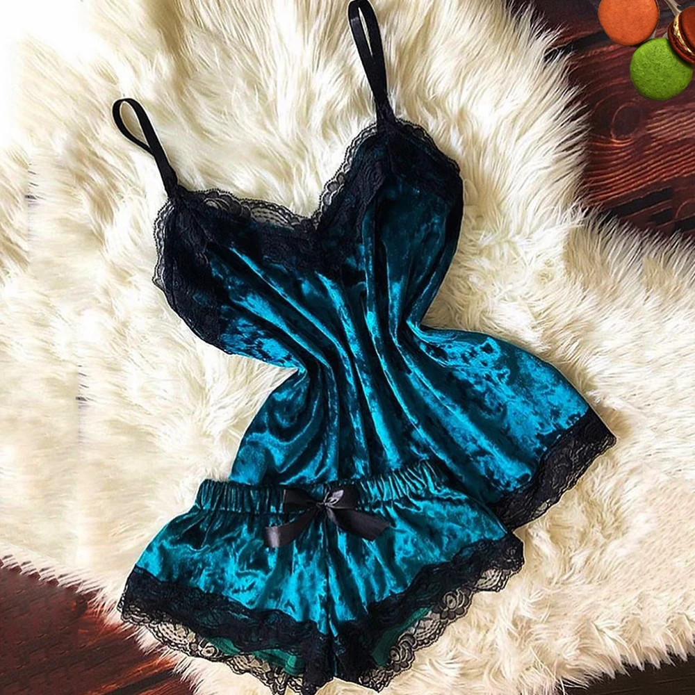 Women Summer Sexy Lace Trim Pajama Sets Velvet Bow Sleepwear Sleeveless Strap Homewear Lingeries V Neck Camisole Bow Shorts Sets
