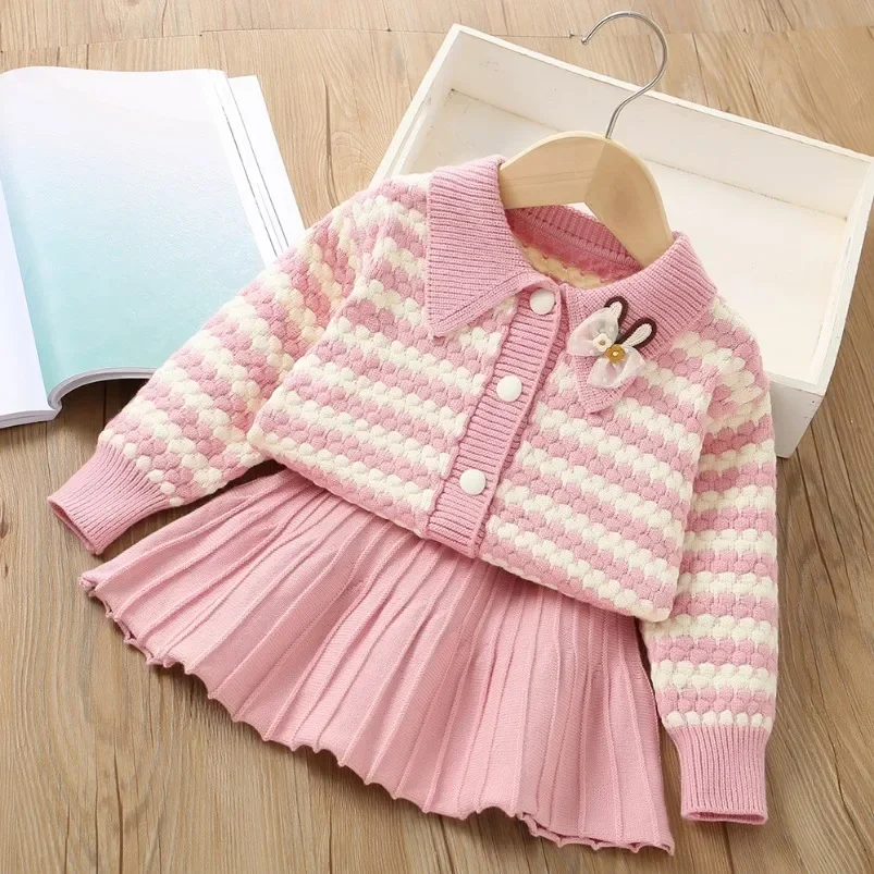 

Autumn Winter Girls' Knitted Sweater Suit Skirt Girls Knitted Round New Neck Flower Embroidery Cardigan Jacket Pleated Skirt
