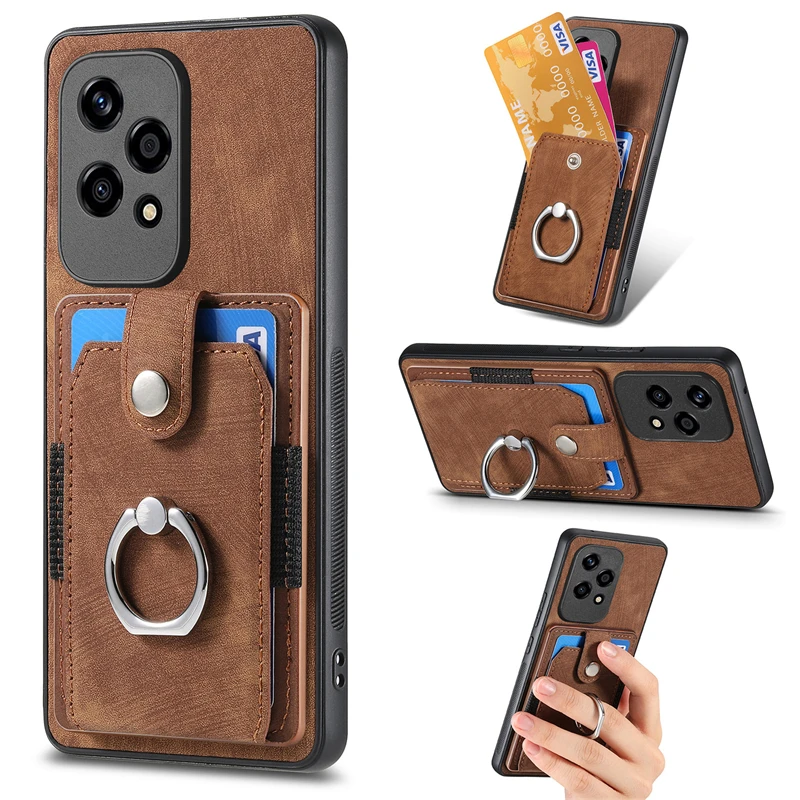 Luxury Leather Magnetic Wallet Case with Ring Stand and Card Slot Cover