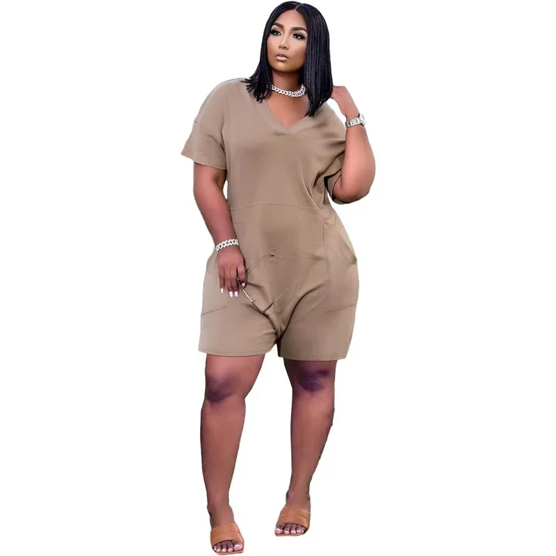 Sexy Loose Solid Color V-neck Casual Jumpsuits 2021 Women Summer Zipper Pockets Oversize Female Playsuits Fashion Streetwear