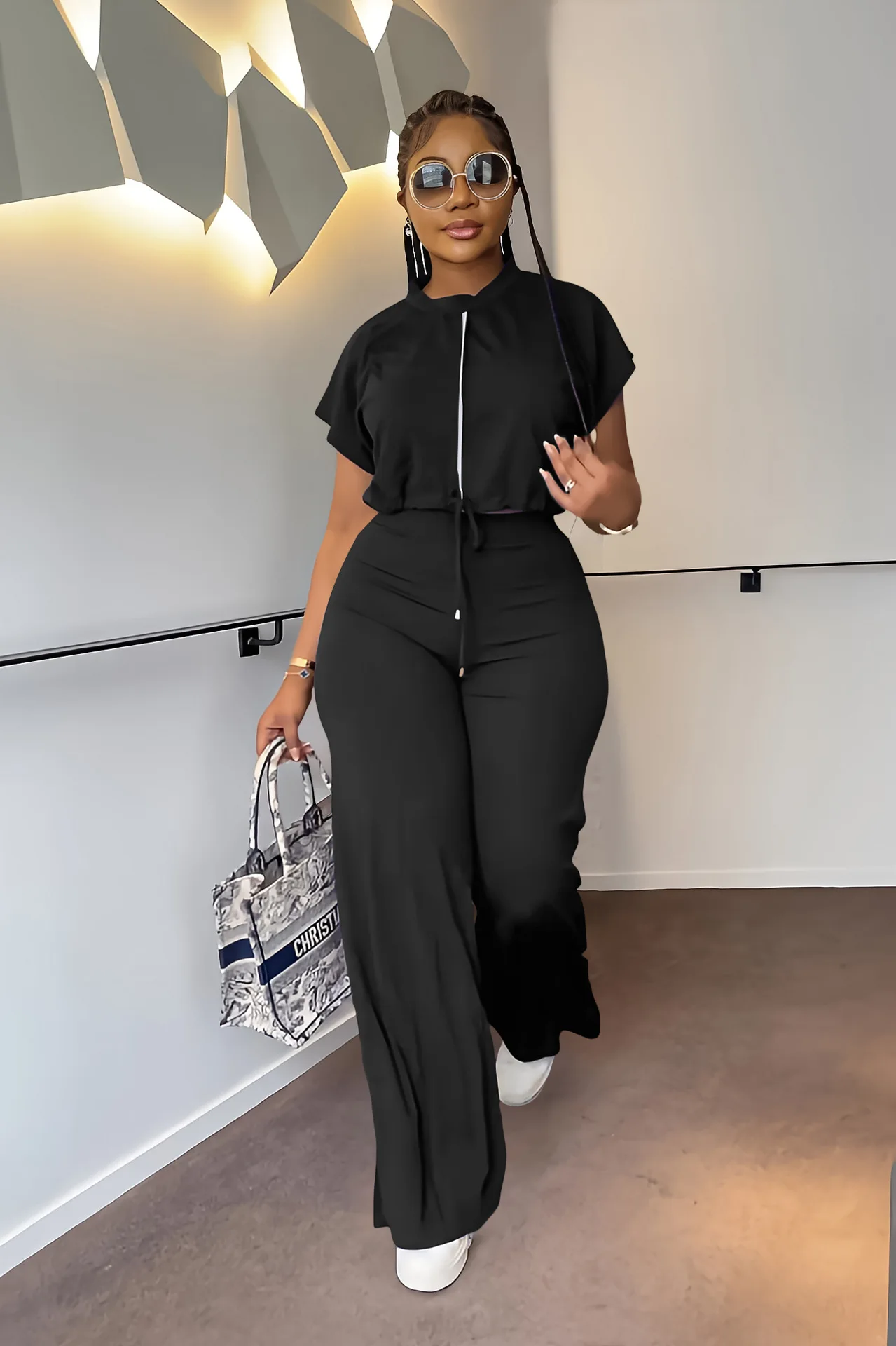 Summer Fashion Sports Style Two Piece Set for Women Casual Drawstring Top Split Wide Leg Pants Two Piece Set Women