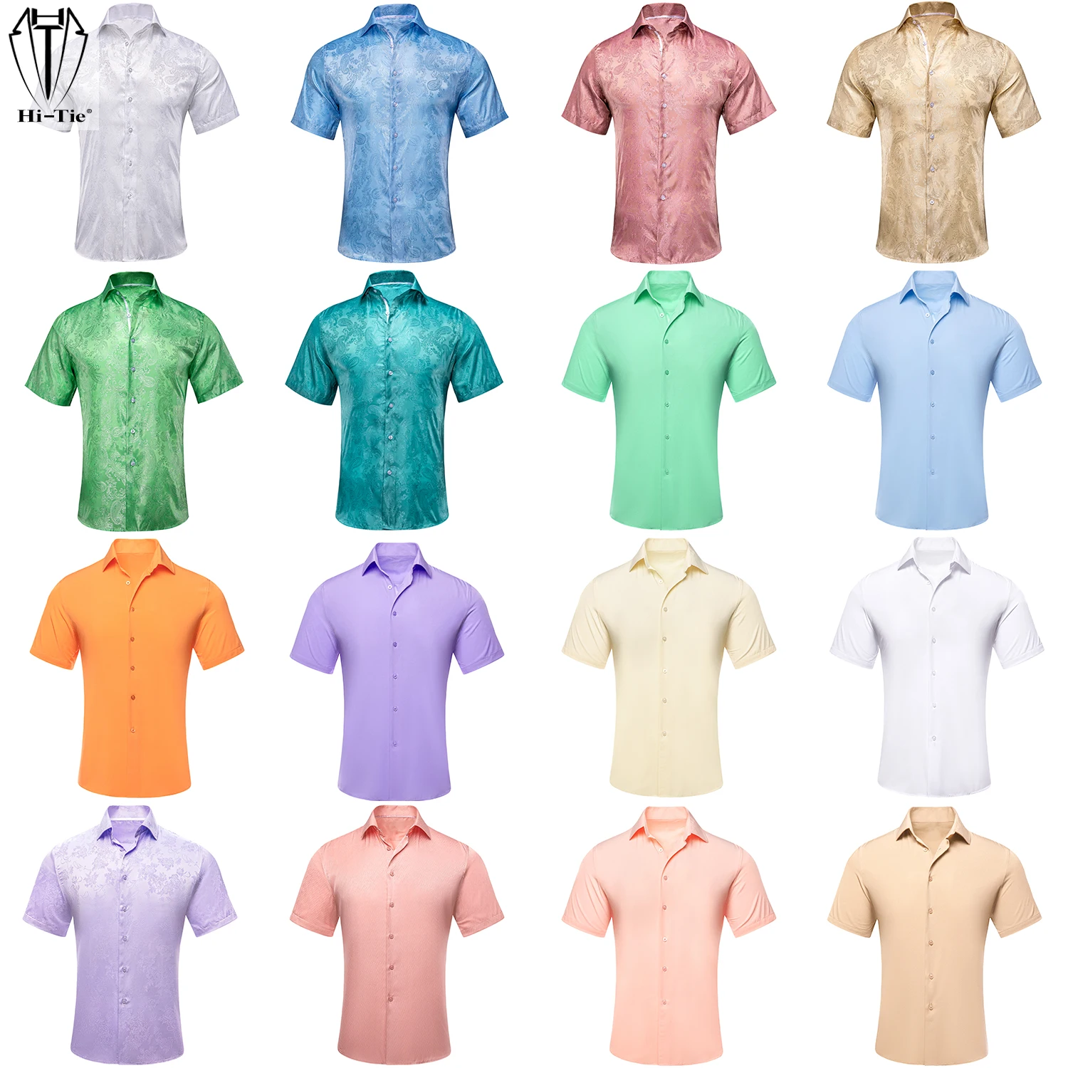 Hi-Tie Light Colour Short Sleeves Mens Shirts Silk Spring Summer Shirt Male Wedding Business White Pink Salmon Sage lilac Yellow