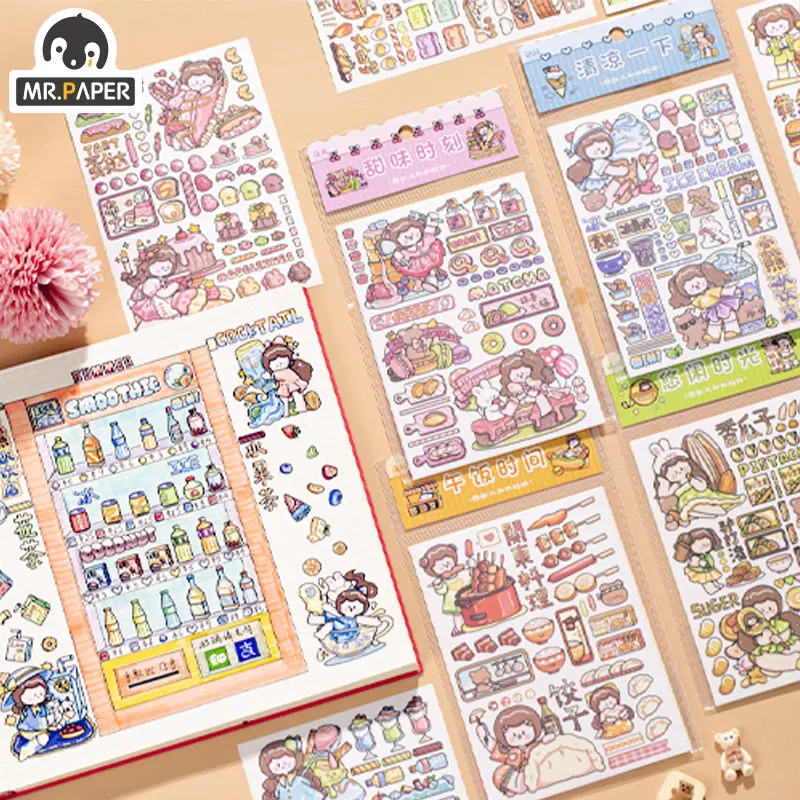 Mr. Paper 4pcs/Bag Cartoon Girl Food Pattern Stickers Cute Kawaii