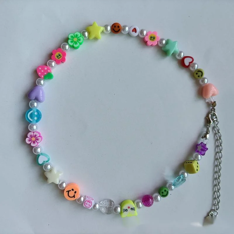Hot Sale Halloween Skull Jewelry Soft Ceramic Smiling Face Butterfly Acrylic Dice Star Necklace_voghion.com