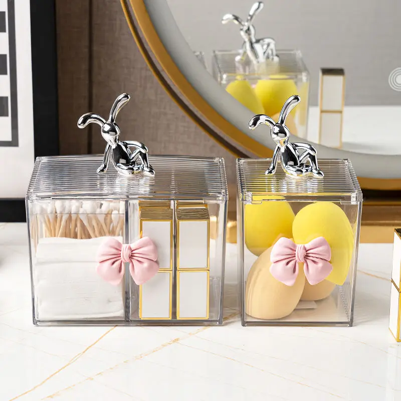 European Rabbit Bow Jewelry Box Clear Lipstick Cotton Sabs Jar Desktop Trinket Storage Box Living Room Fruit Snack Jar with Lid 3