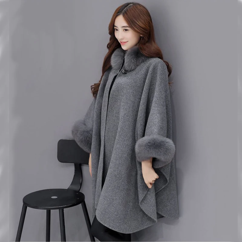 Women Cloak Shawl Jacket Plus Size Female Winter Outwear New Bigsweety High Quality Women Fox Fur Collar Long Wool Coat Elegant