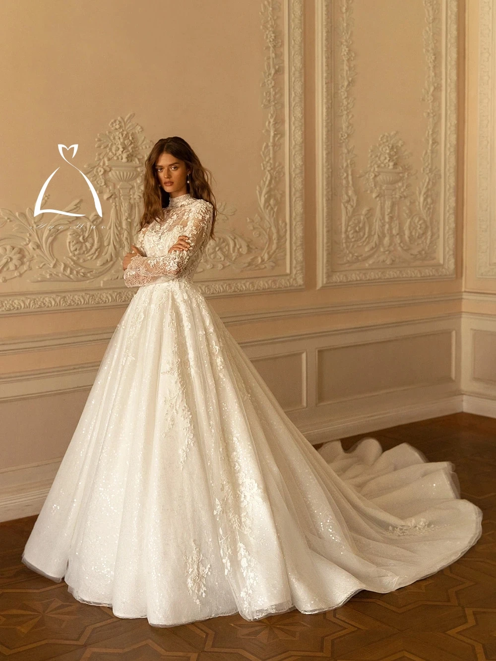 

Modest High Collar Long Sleeve Wedding Dress Classic Lace Appliques Dress For Bride Sparkly A-line Bridal Gown Robe De Mariée