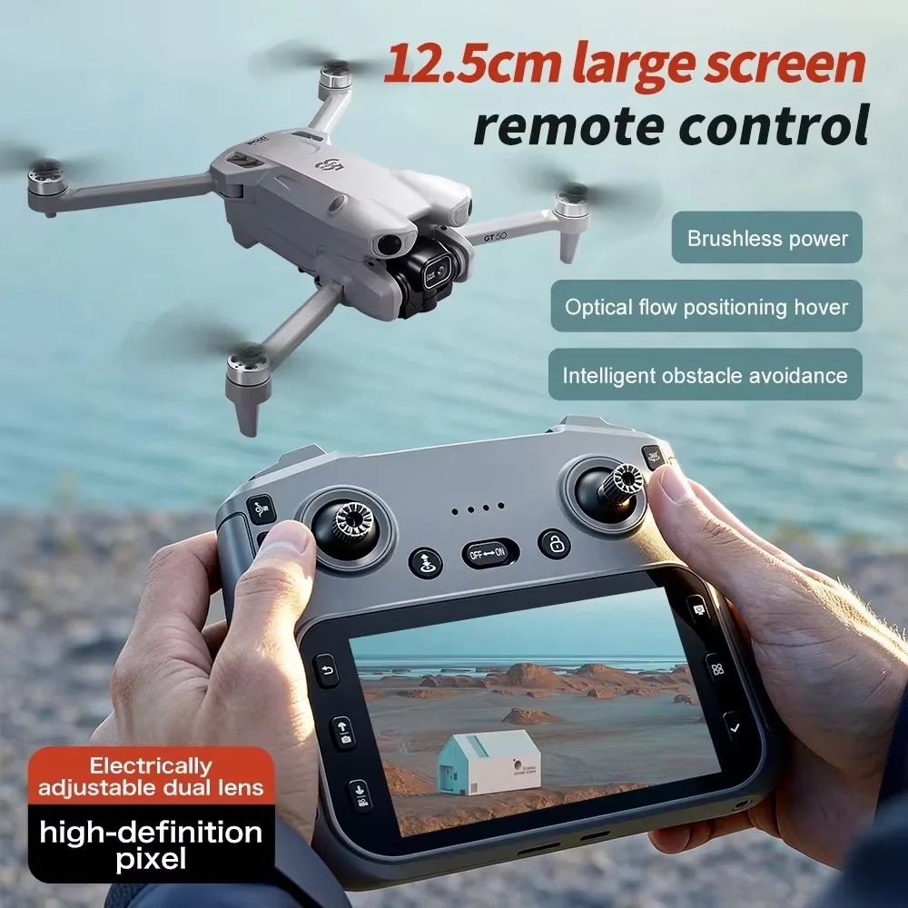 Drone 8K avec écran intégré en vol au-dessus d'un lac, capturant une vue aérienne avec la caméra 4K/6K/8K