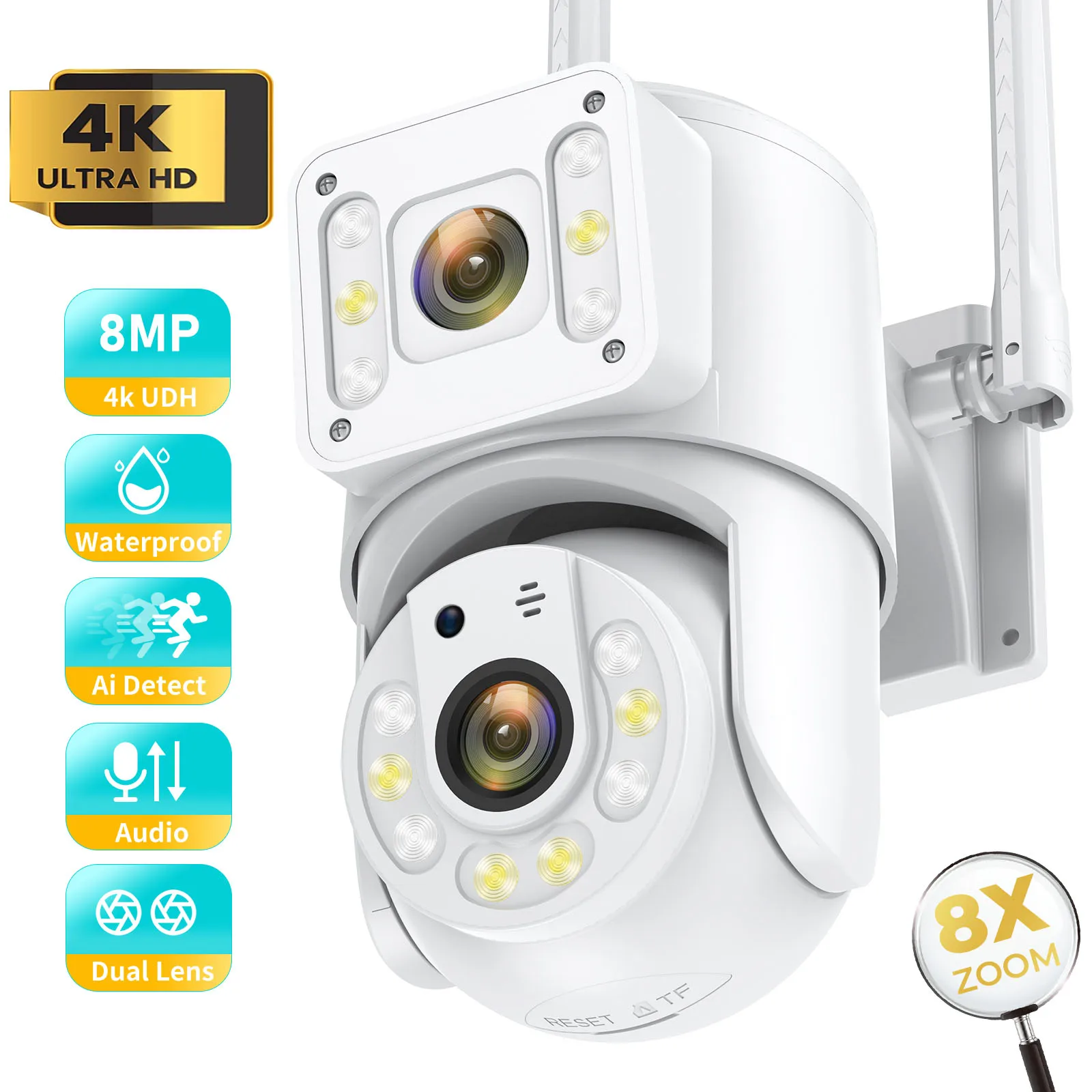 8MP WiFi IP Surveillance Cameras Dual Lens PTZ Outdoor Waterproof Security Camera Human Detect Tracking Full Color Night Vision