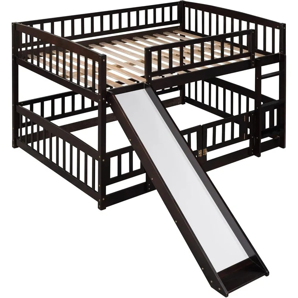 Full Over Full Low Bunk Bed with Slide and Fence Railings Wood Floor Bunk Beds with Ladder for Toddler Kids Boys Girls, Espresso 5