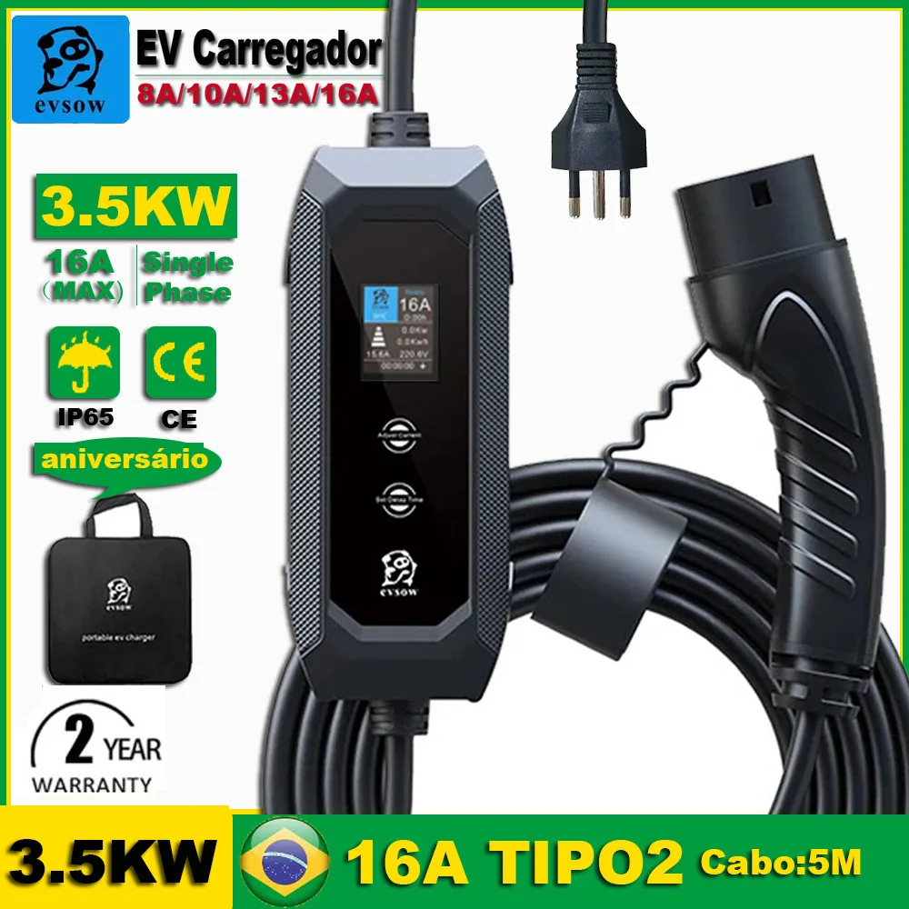 Evsow Carregador Ev Tipo 2 Carregador 3.5Kw 16A Carregador De Carro Elettico Com Ficha Padrao Brasileira 10A 20A Wallbox Evse 5M