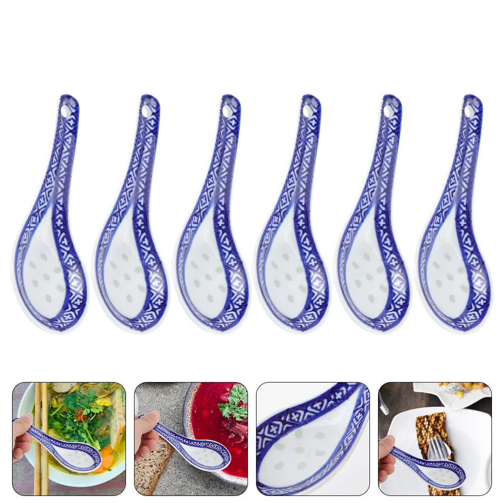 

Spoons Soup Ceramic Spoon Asian Chinese Dinner Ramen Noodle Beautiful Japanese Rice Serving Kitchen Bone China Retro White Blue