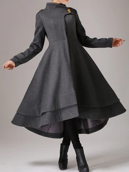 Cappotto lungo medievale da donna vintage Autunno Vita sottile Abito lungo invernale Trench lungo con orlo a strati retrò del XIX secolo 1