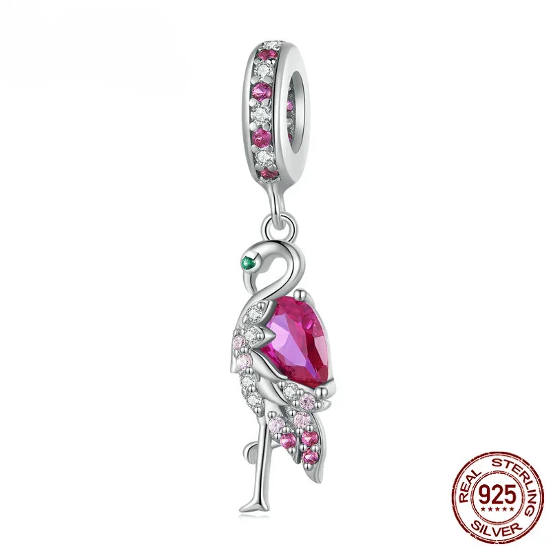 

925 Sterling Silver Rosy Zircon Flamingo Hanging Bead for Women Bracelet and Necklace Beads DIY Platinum Plated Jewelry