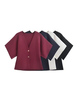 2024 stile europeo e americano autunno nuova moda femminile stile semplice casual tinta unita ago manica corta scollo a V top in maglia 1