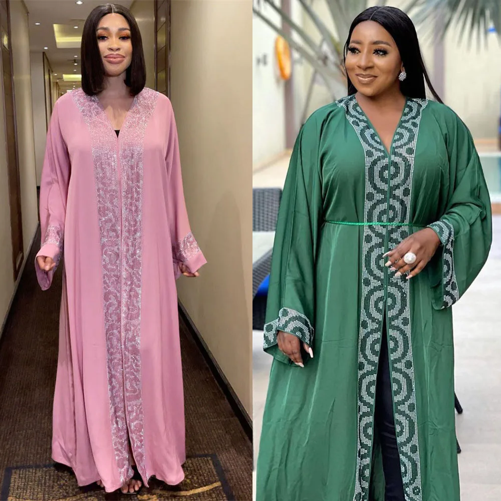 

New African Dresses for Women Daimonds Kimono Maxi Dashiki Robe Abaya Dubai Kaftan Dress Muslim Moroccan Caftan Eid Ramadan Gown