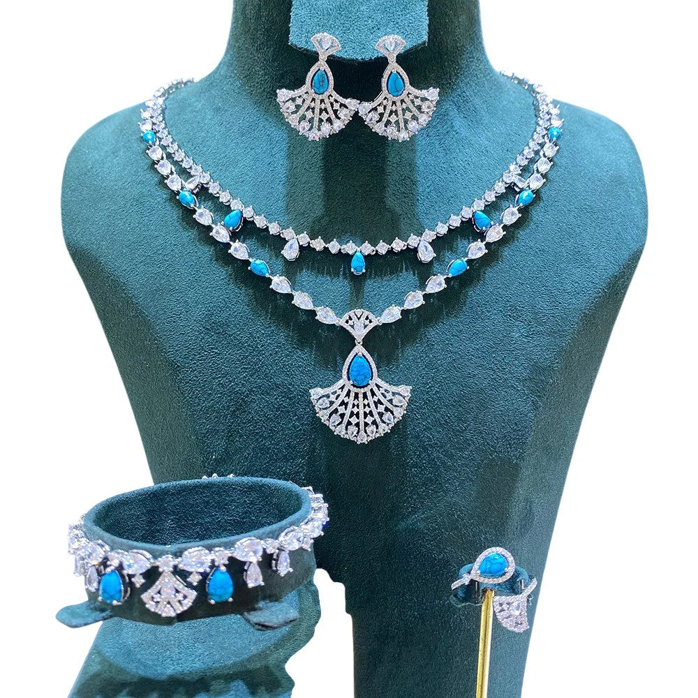 

TIRIM Elegant layer Necklace Set for Women Cubic Zirconia Turquoise/Peacock Party Jewelry Sets Bride Wedding Jewellery Accessory