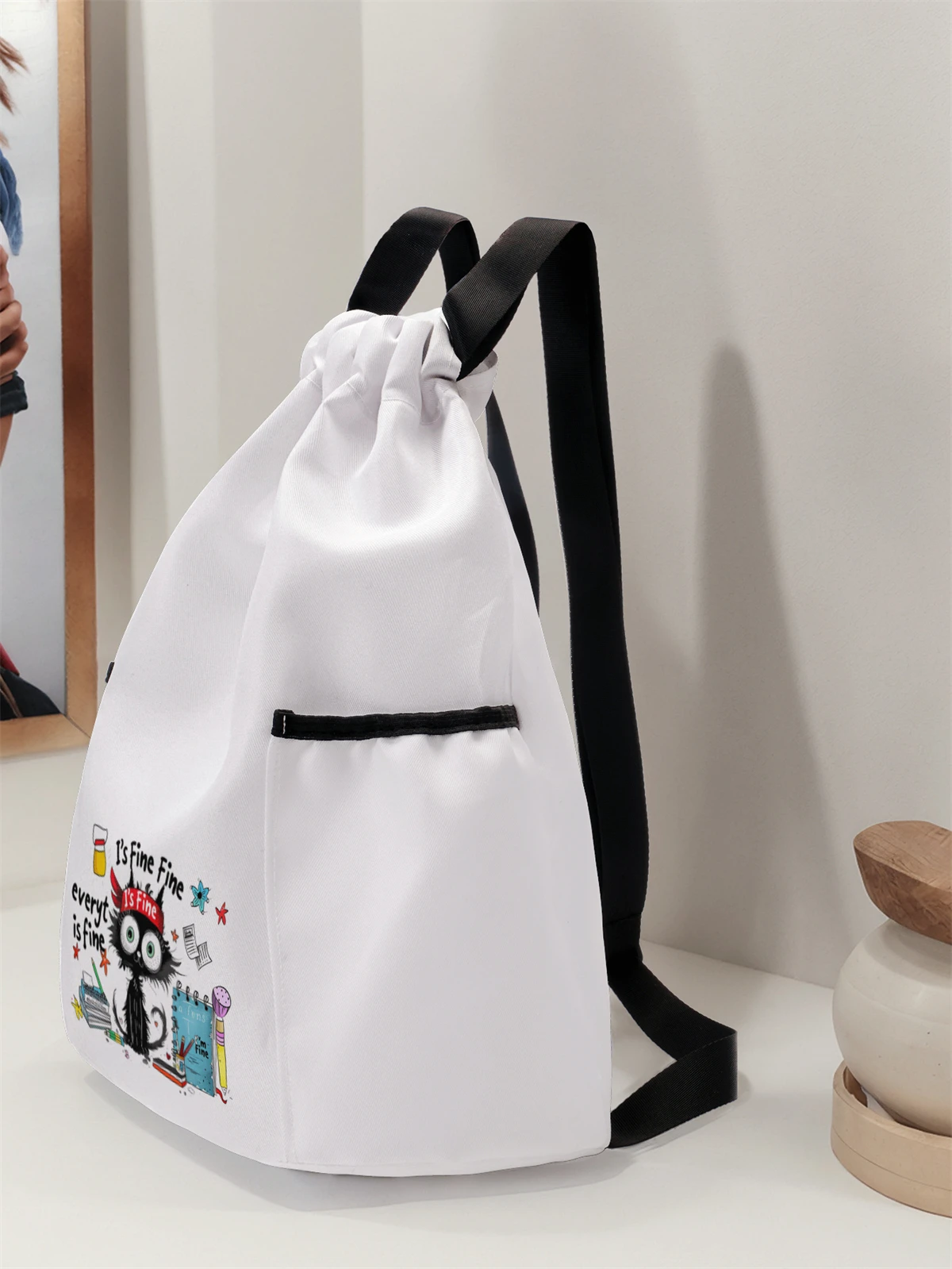 Cat Pattern Printed Drawstring Backpack - Large Capacity Durable Fitness Bag, Sports Beach Backpack