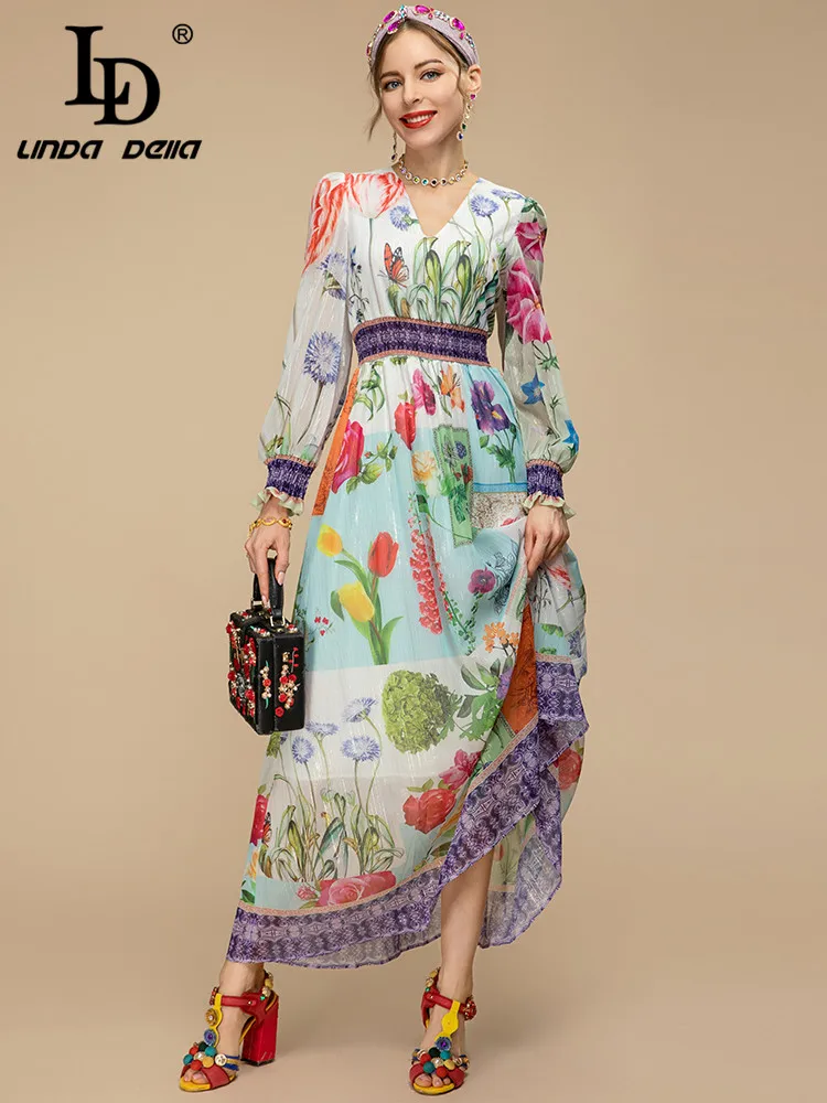 

LD LINDA DELLA Runway 2023 Spring New Dress Women's Lantern Sleeve Elastic Waist Floral print Fashion V-Neck Vacation Midi Dress