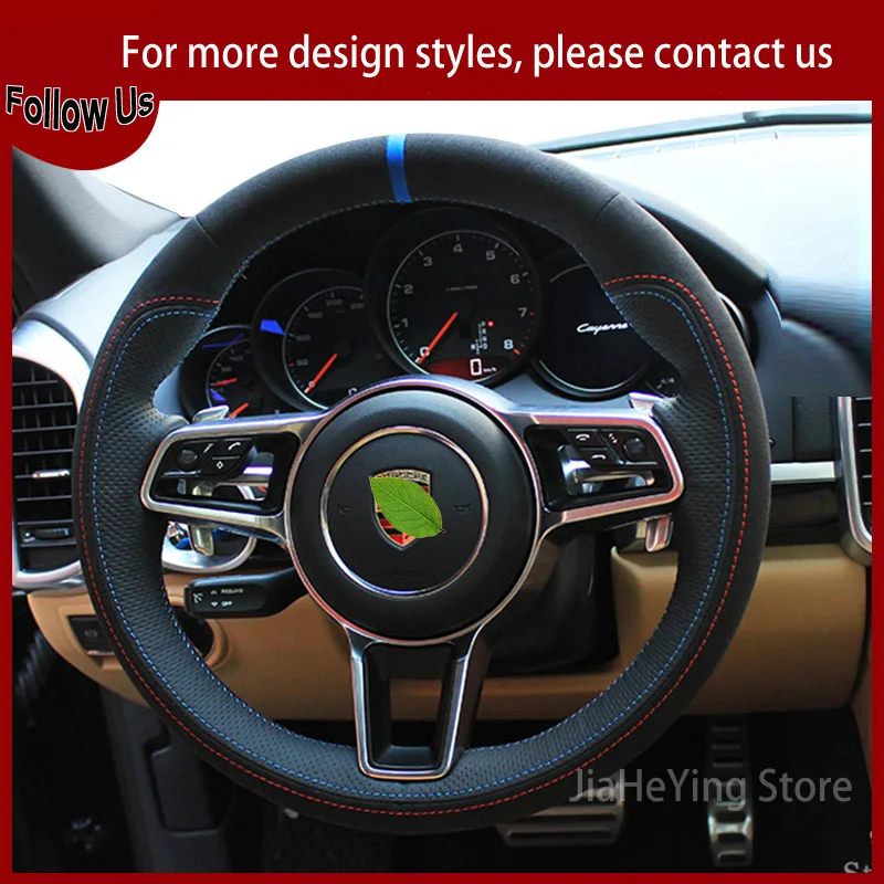 

Hand Sewing Black Leather Suede Car Steering Wheel Cover For Porsche Cayenne Macan Panamera 718 Taycan 911 Interiors Accessories