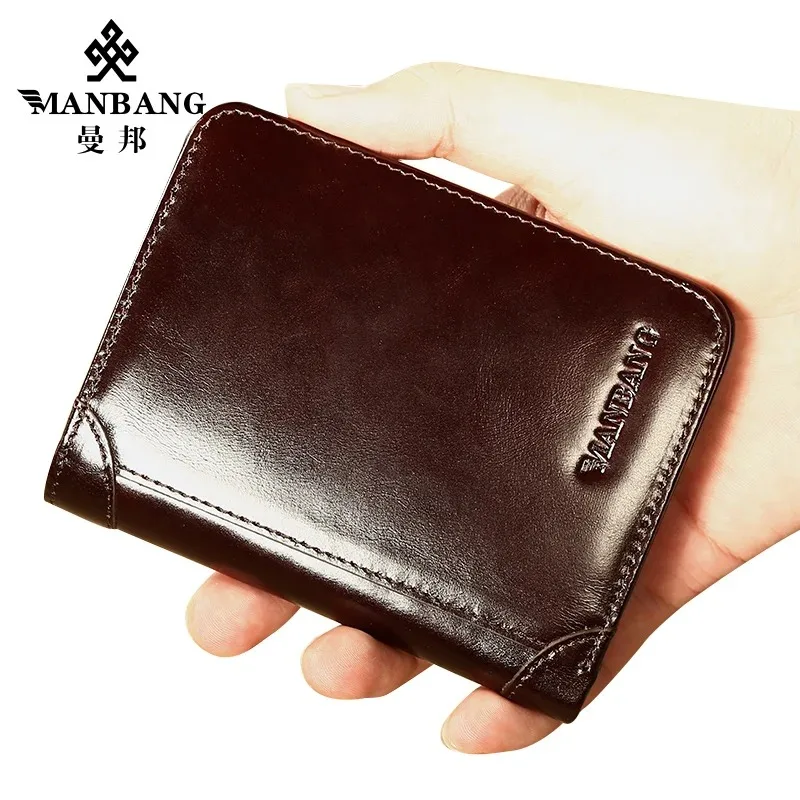 ManBang Luxury Men Wallet Genuine Cow Leather Male RFID Trifold Short Purse For Men with ID Window and Credit Card Holder 5