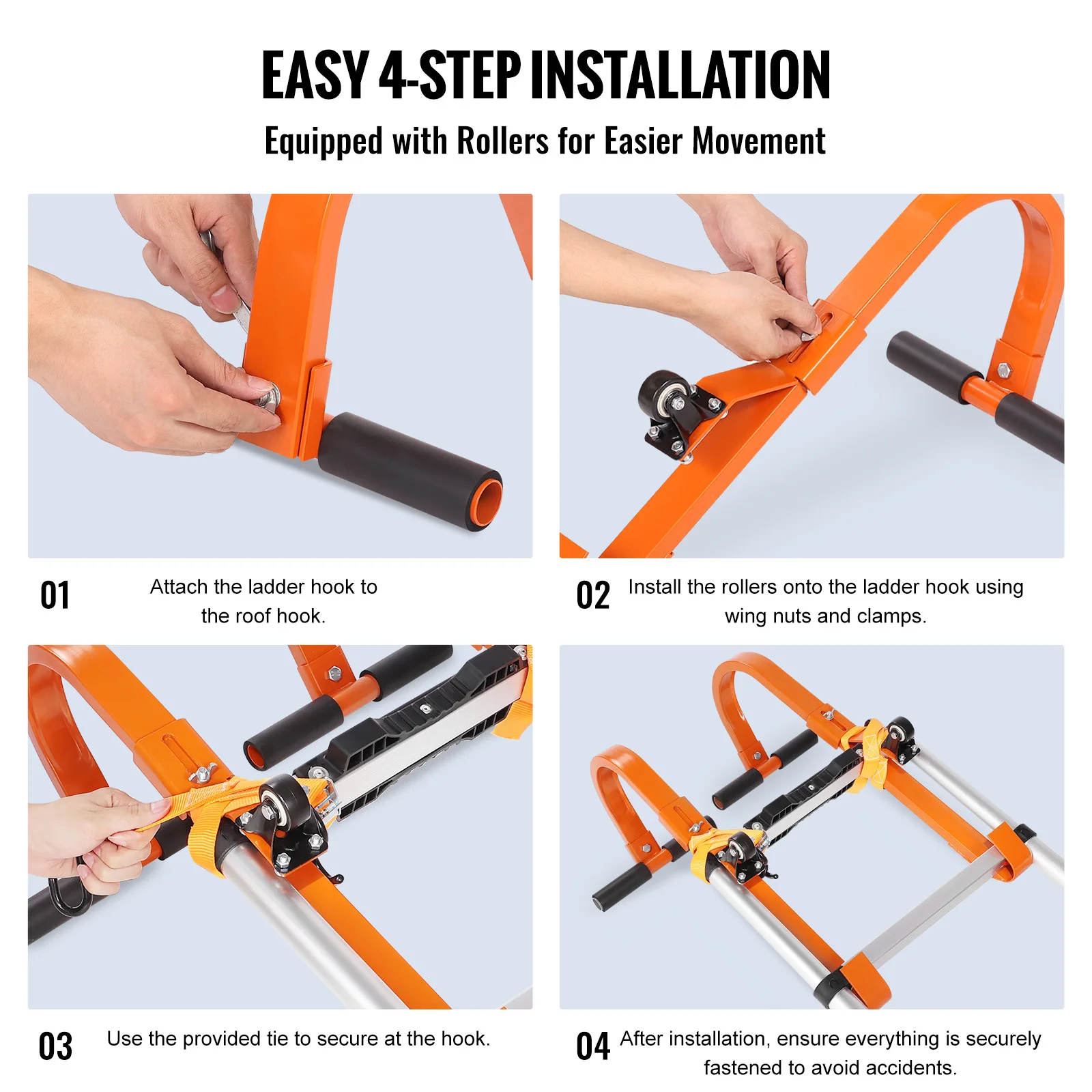Ladder Roof Hook Orange/Black Heavy Duty Steel Stabilizer Ridge Extension Rubber Grip T-Bar 500 lbs