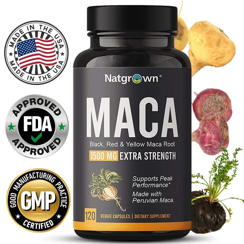 

Organic Maca Root Powder Capsules 1500mg with Black + Red + Yellow Peruvian Maca Root Extract Supplement for Men and Women