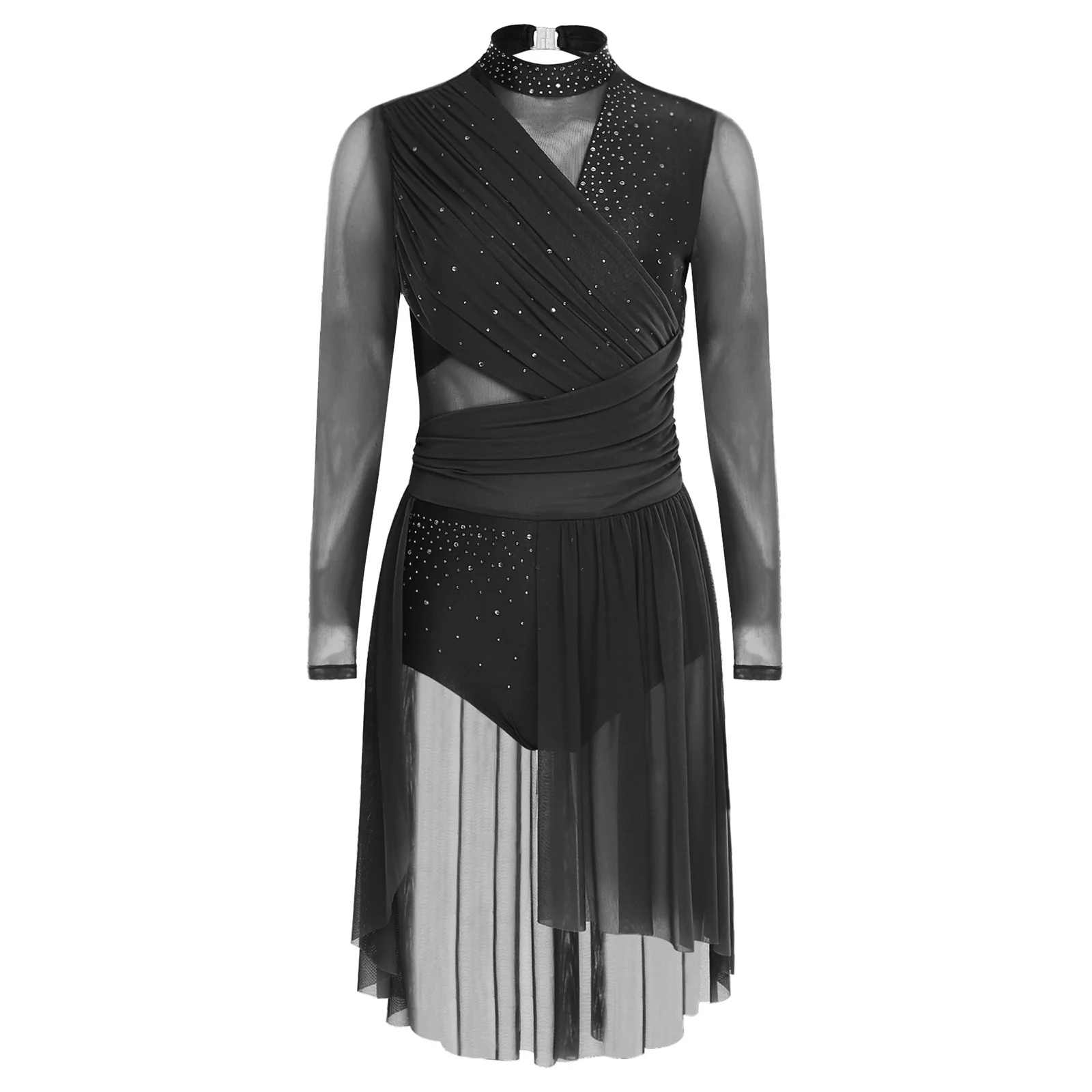 Vestido de baile lírico para mujer, vestido de leotardo de una pieza con espalda descubierta y manga larga con diamantes