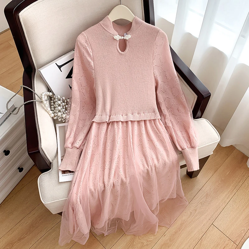 

2022 Autumn Winter Elegant Mesh Patchwork Knitted Dress Women Long Sleeve O-Neck Sweet Lace Fairy Sweater Dress Pink Party Dress