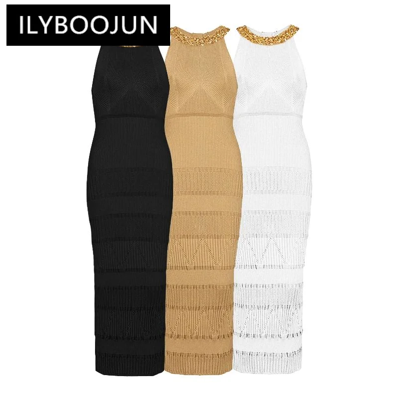 

Three Colors SML High Quality Fashion Elastic Knitted Fabric Neckline Exquisite Beaded Slim Fit Commuter Casual Women's Dress