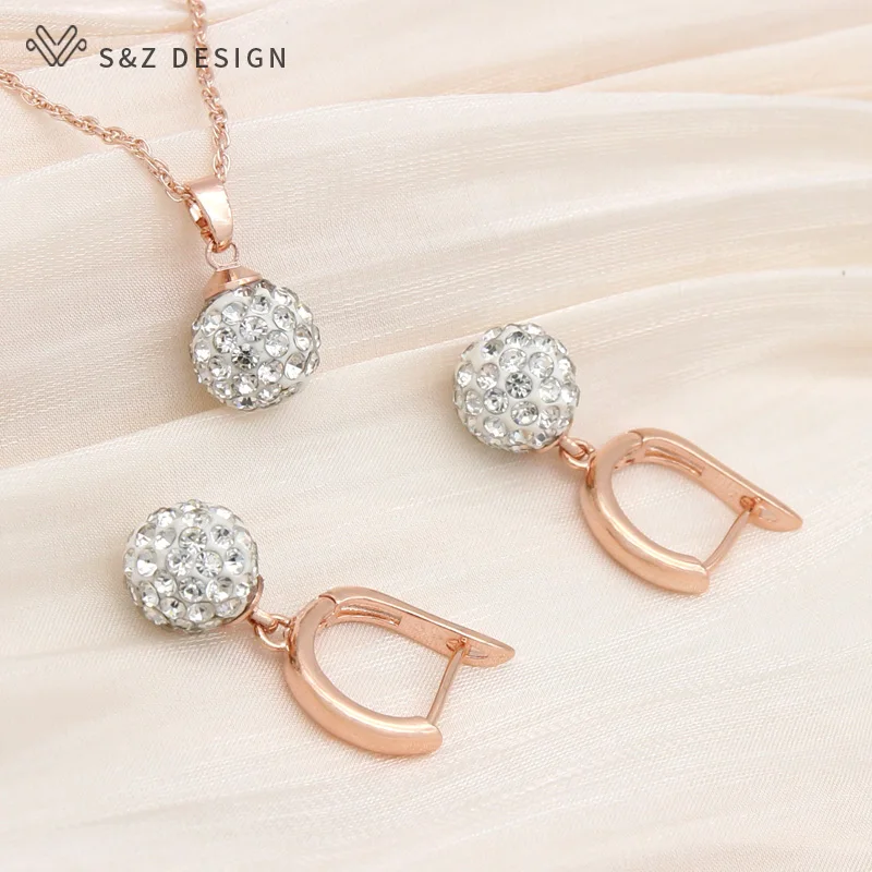 S&Z DESIGN New Elegant 585 Rose Gold Color Round Crystal Dangle Earrings Jewelry Sets For Women Party Jewelry Pendant Necklace