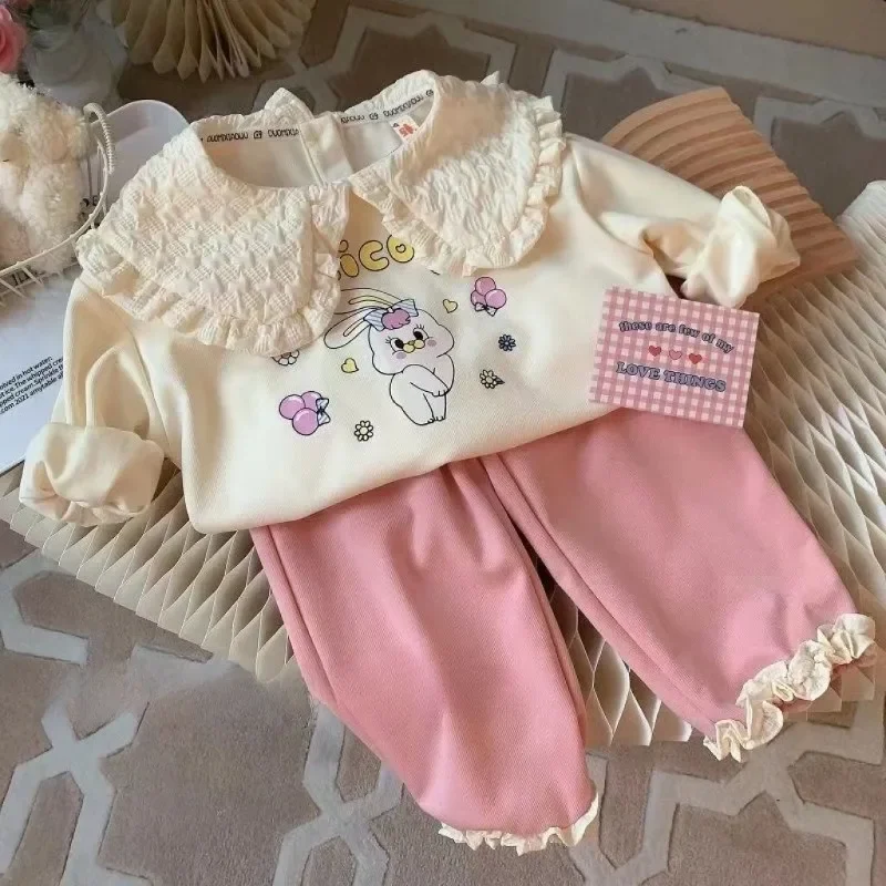 

Комплект одежды для девочек 1-6 лет, пуловер с мультяшным кроликом и штаны, модная детская толстовка, осень-весна