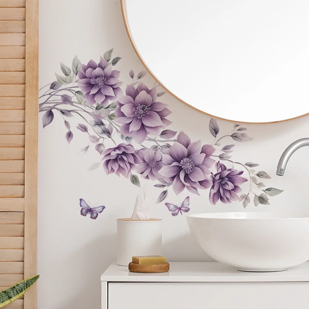 

Purple Flower Vinyl Tile Child Wall Sticker For Girl Room Decoration Bedroom Decoration Adhesive Wallpaper Wall Decor Room Decor