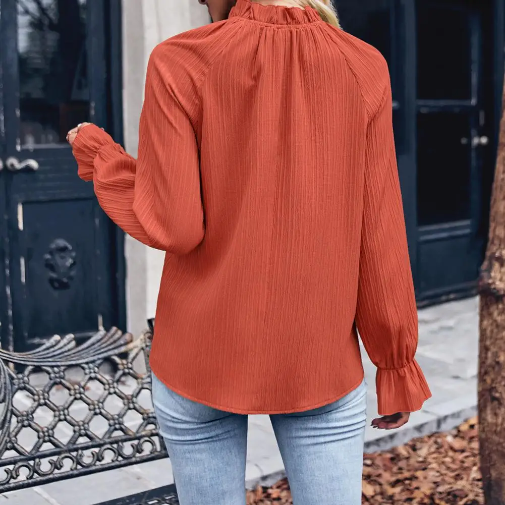 

Ruffle Cuffs Shirt Women Loose Fit Top Chic Streetwear Loose Fit Pleated Blouse with Ruffle Cuffs Autumn Winter Women's Solid