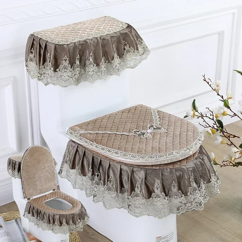 3PCS 벨벳 스커트 스타일 화장실 매트 수 놓은 레이스 변기 매트 인쇄 먼지 커버 화장실 Closestool 욕실 액세서리
