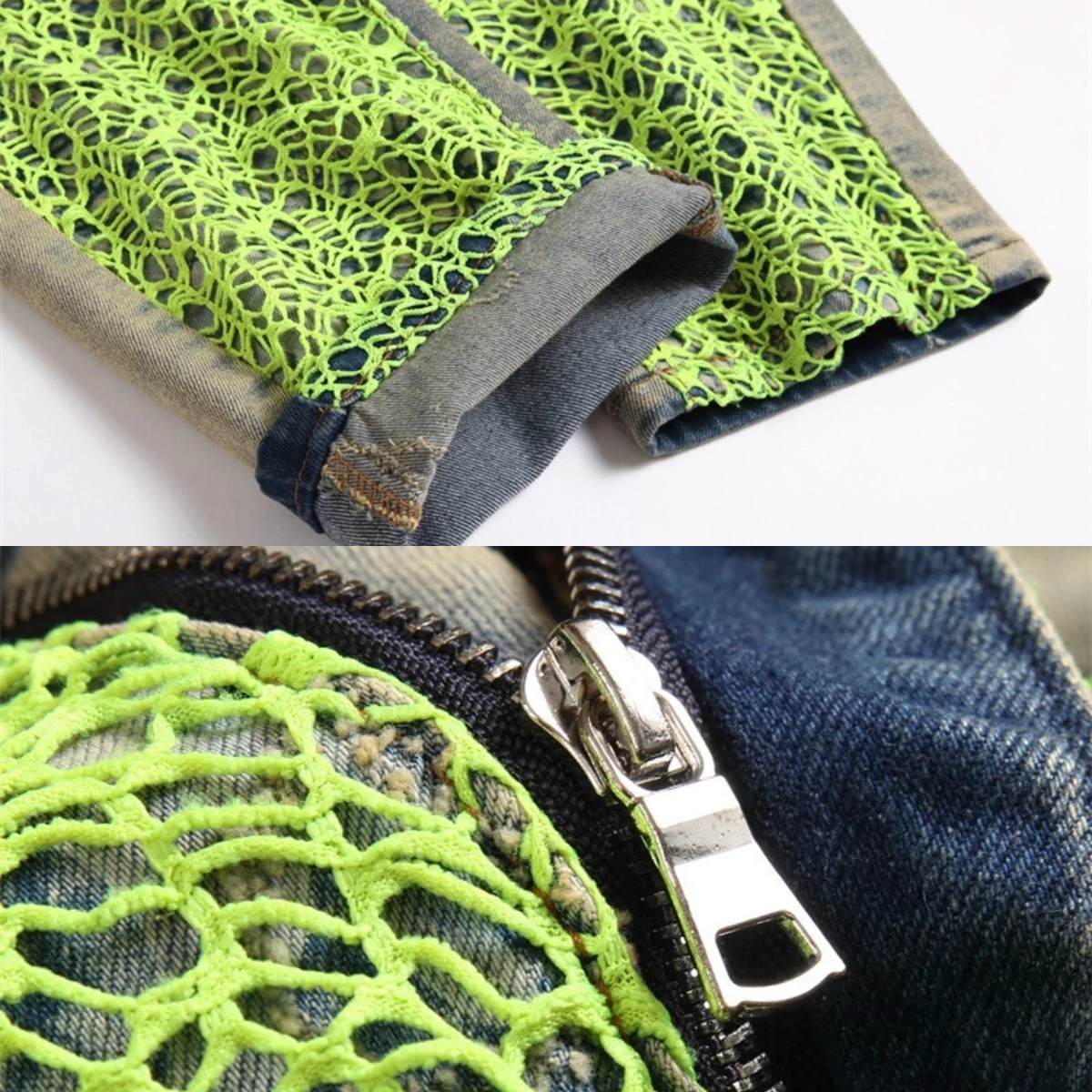 Men's Jeans Green Spider Web Embroidery Ragged Edge Leather Micro Chapter High Elastic Rainbow Thread Running Pants 3D Tight 024
