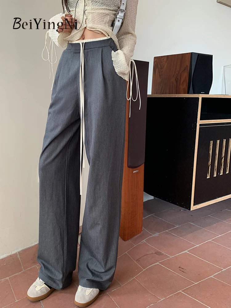 

Beiyingni Y2K Pants Women Loose Slim Casual High Waist Korean Wide Leg Pants Female Elegant Pockets Luxury Drawstring Trousers