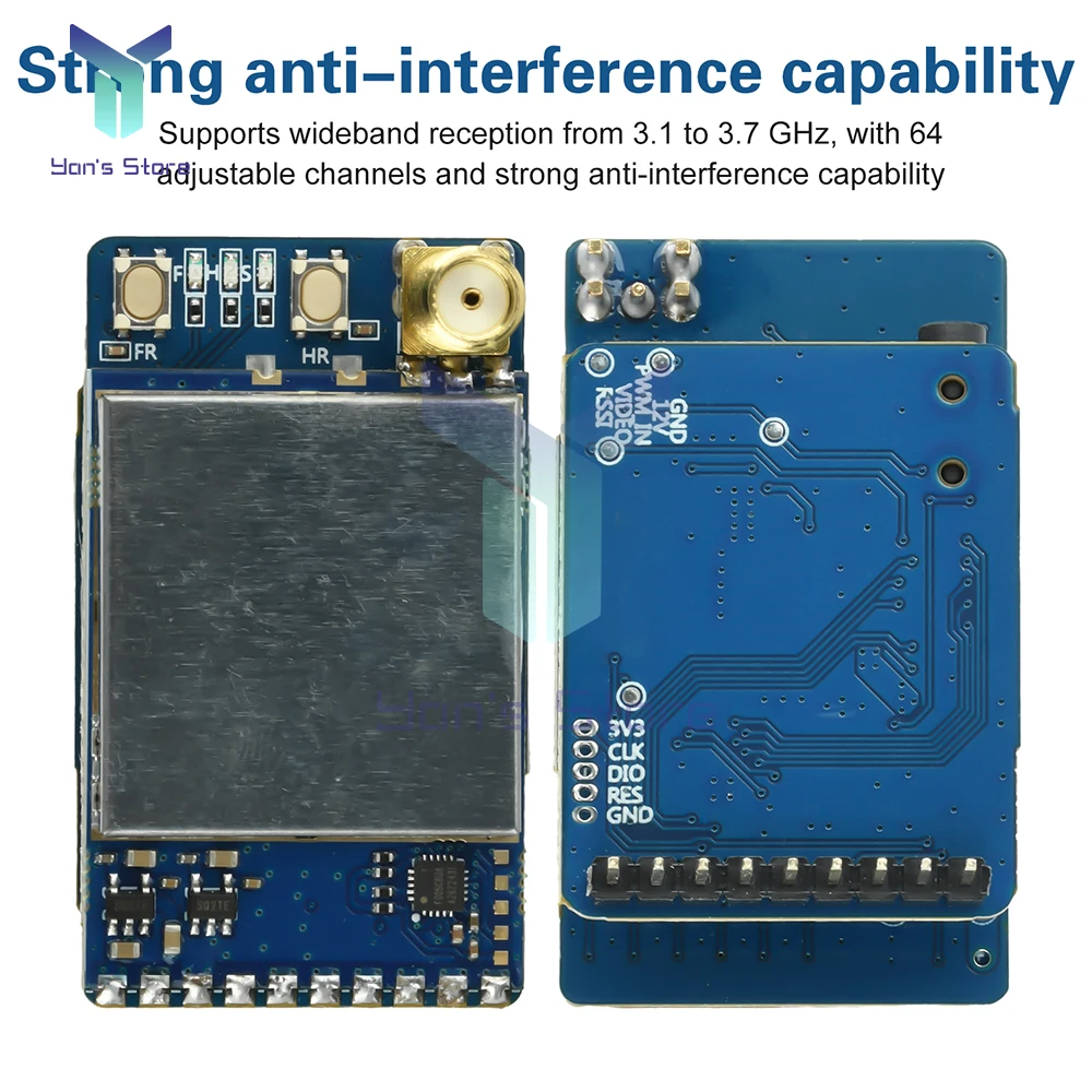 Module récepteur FPV analogique 3.3GHz 64 canaux compatible Skyzone, connecté à des lunettes FPV avec câble.
