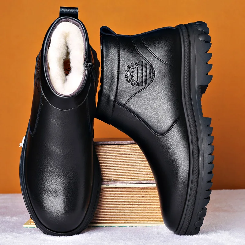 Winter Genuine Leather Men's Boots Natural Fur Warm Ankle Boots Working Men Footwear Waterproof Snow Rubber