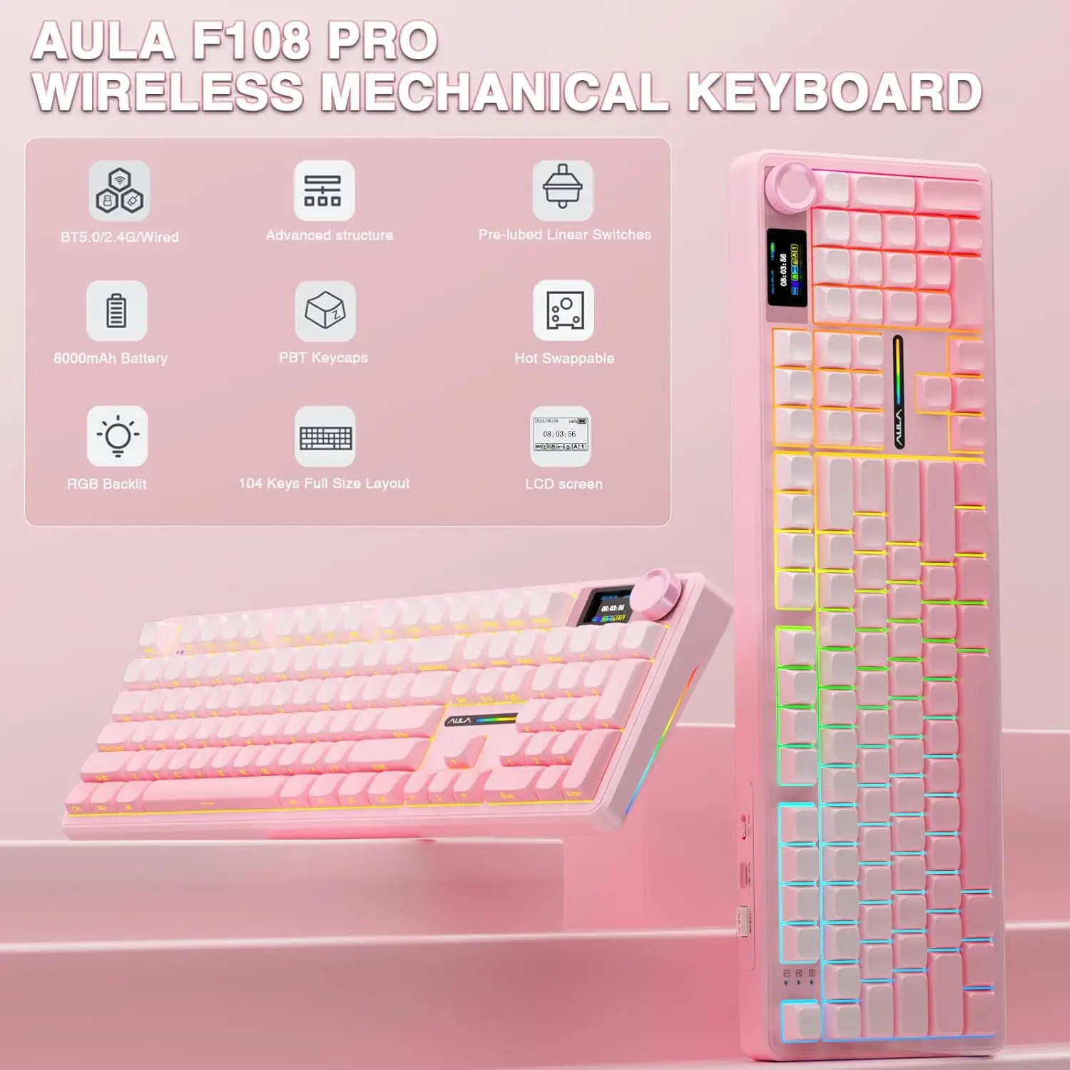 AULA F108Pro 무선 블루투스 키보드 3 모드 맞춤형 게이밍 키보드 가스켓 핫스왑 풀 사이즈 키보드 TFT 스마트 디스플레이 포함