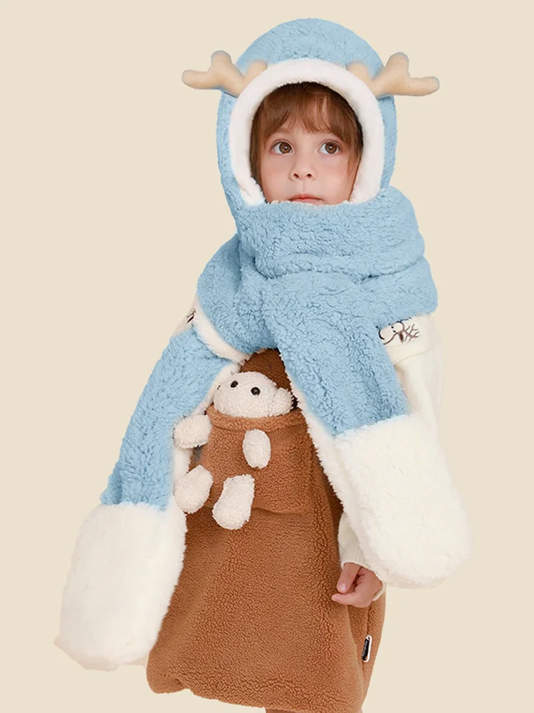 Children's all-in-one hat scarf and gloves for boys and girls to keep warm cold-proof Christmas suit available for