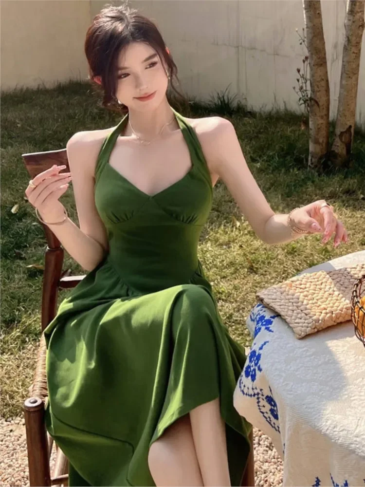 

Green Long Waist Closing Thin Halter Neck Vintage Dress Women's Big Swing French Retro Elegant Ladies Summer Feminine Vestidos