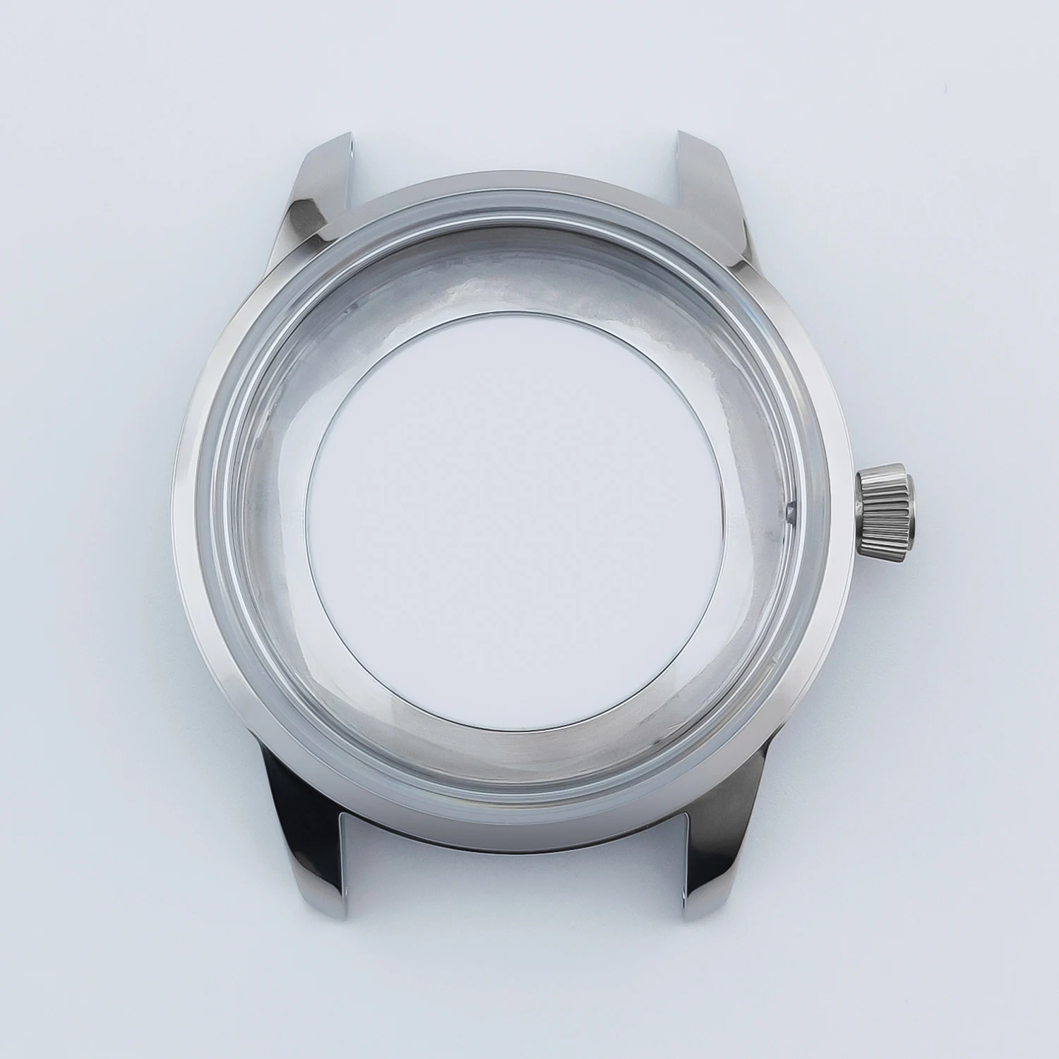 Elegant 40mm Silver Cocktail Watch Case with Arch Glass & Transparent Back Cover