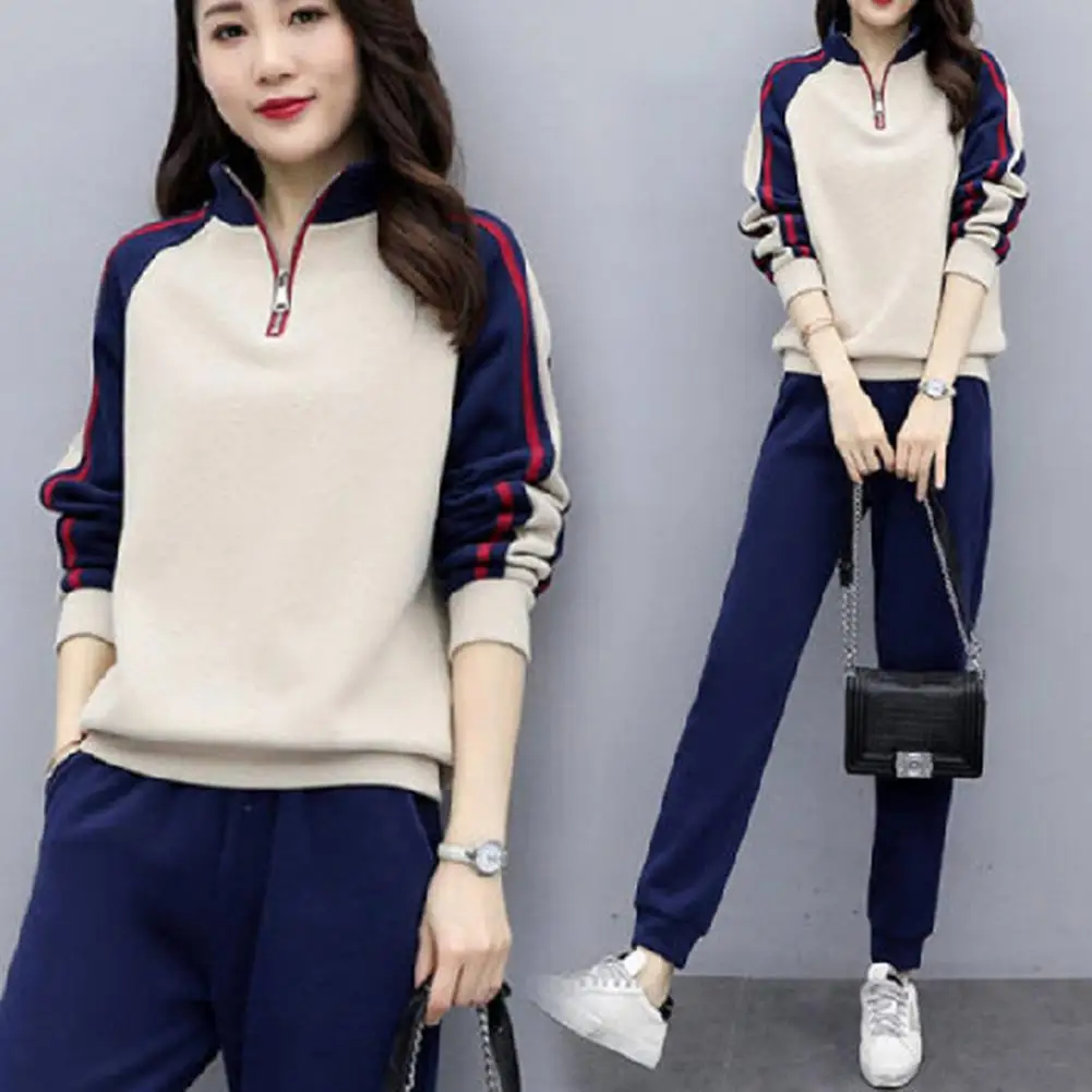 

Women Stylish Suit Set Women's Color Matching Tracksuit Set with Stand Collar Sweatshirt Elastic Waist Pants for Fall for Women