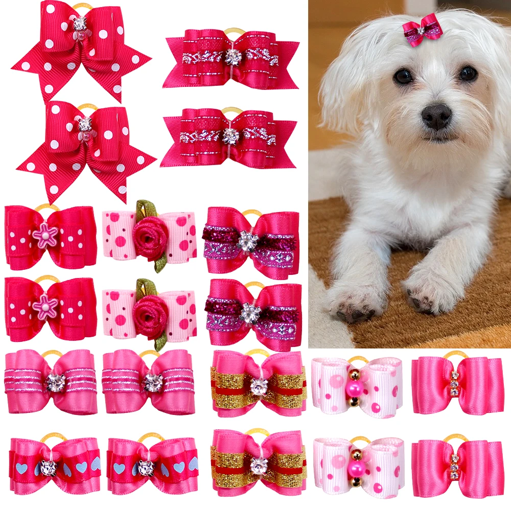 

10pcs/lot Hand-made Small Hair Bows for Dog Rubber Band Cat Hair Clips Boutique Valentine's Day Pet Dog Grooming Accessories