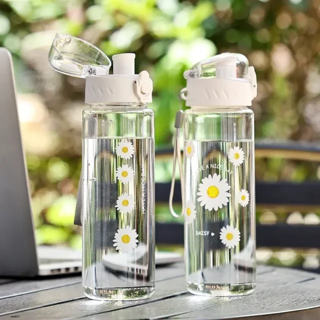 600ml Daisy Flower Plastic Water Bottle Sports Transparent Water Bottle Portable Gym Travel Clear Leakproof Drinking Bottle 2