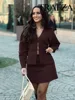 TRAFZA Women Spring Skirt Suits Solid V-Neck Long Sleeve Covered Button Cardigan+High Waist Knitted Mini Skirts Female Slim Sets 3