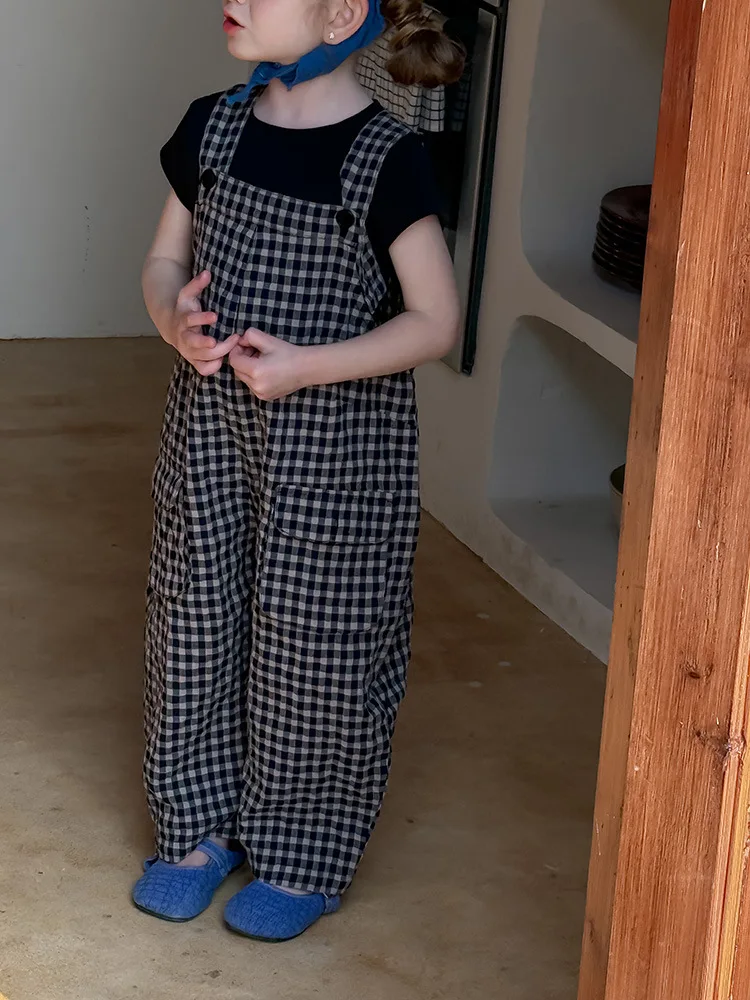 2025 Spring New Children Plaid Overalls Cotton Boys Thin Casual Pants Breathable Baby Girls Loose Strap Trousers Kids Clothes