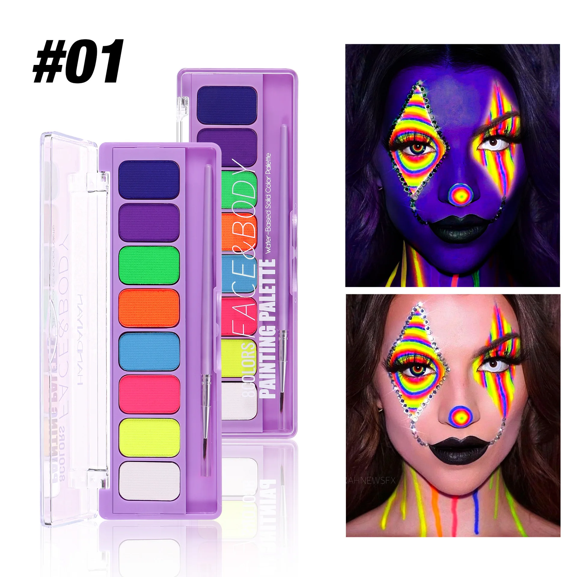 Palette di 8 Colori per Trucco Viso e Corpo, Vernice Fluorescente Solubile in Acqua, Cosmetici UV per Feste di Halloween, Trucco per Travestimenti - immagine 5